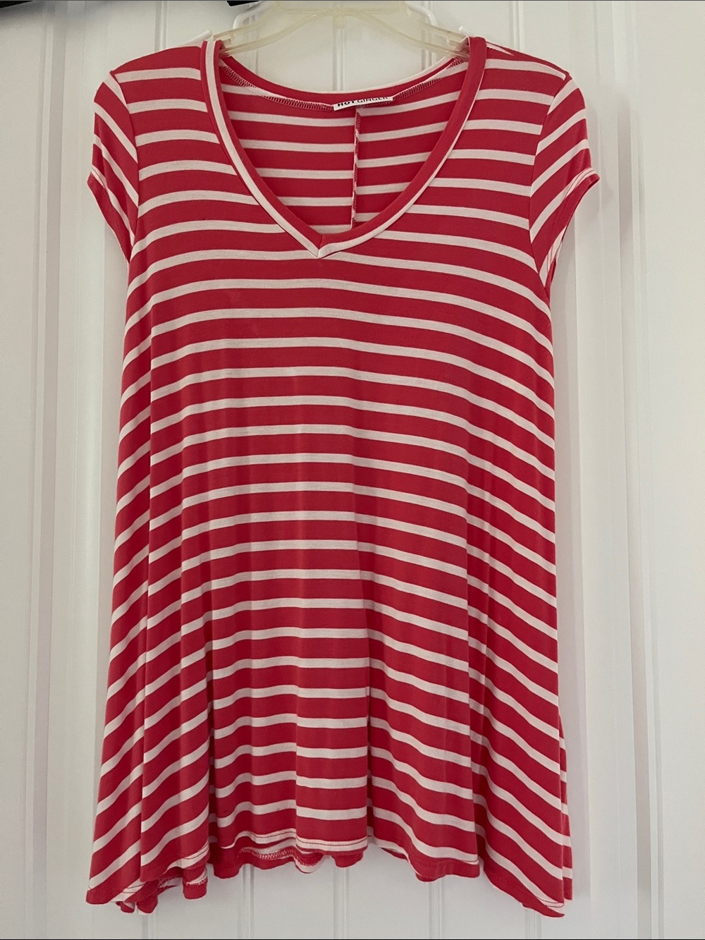 Striped V-Neck Short Sleeve Tunic in Pink and White